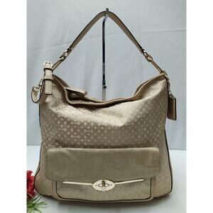 Coach Madison Signature Beige Canvas Turnlock Pocket Zipper Shoulder Bag